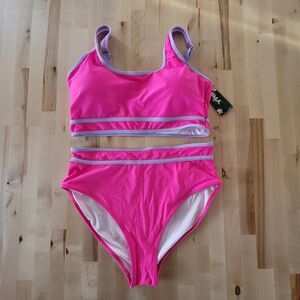 NWT Two Piece Bikini Large Pink & Purple Padded Adjustable High Waist